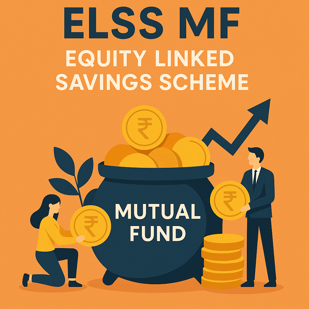 Illustration of people investing coins in a large pot labeled Mutual Fund, with ELSS written above and an upward arrow symbolizing growth.