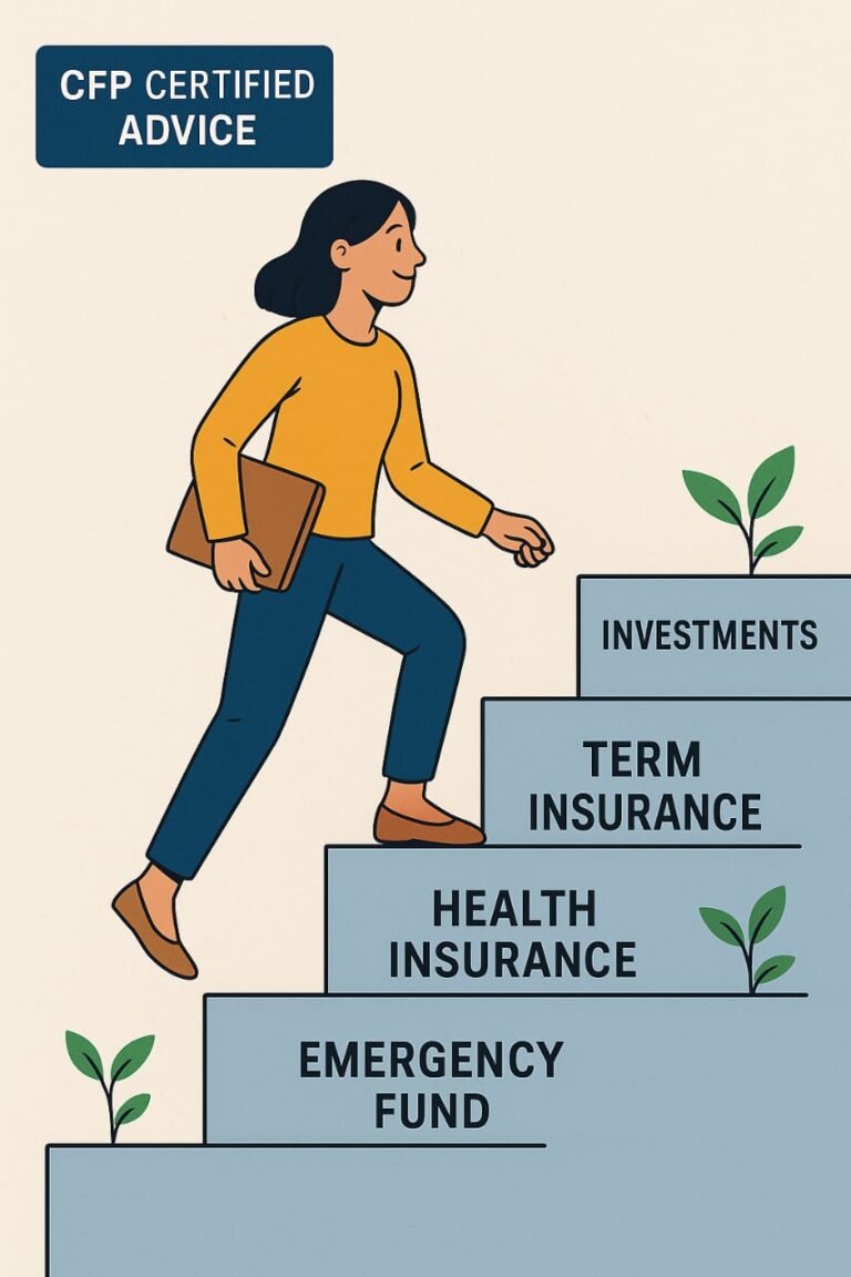 Illustration of a woman climbing smart financial planning steps labeled Emergency Fund, Health Insurance, Term Insurance, and Investments, with CFP Certified Advice highlighted.