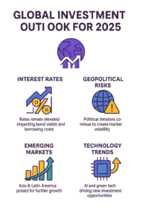 Infographic on Global Investment Outlook 2025 highlighting interest rates and geopolitical risks with modern vector icons.