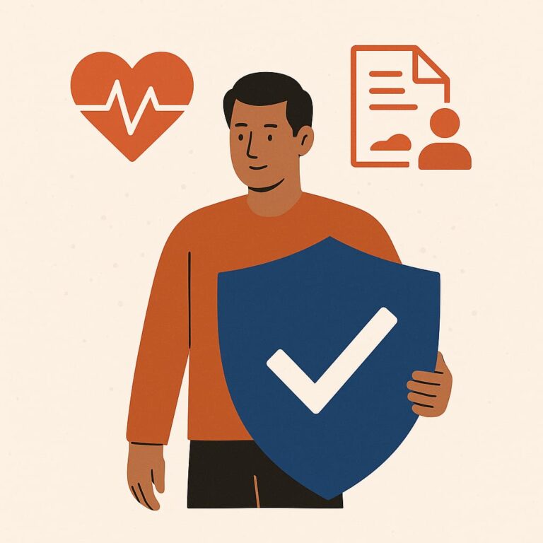Illustration of a man holding a shield with a checkmark, symbolizing protection, with health and document icons representing health insurance coverage.