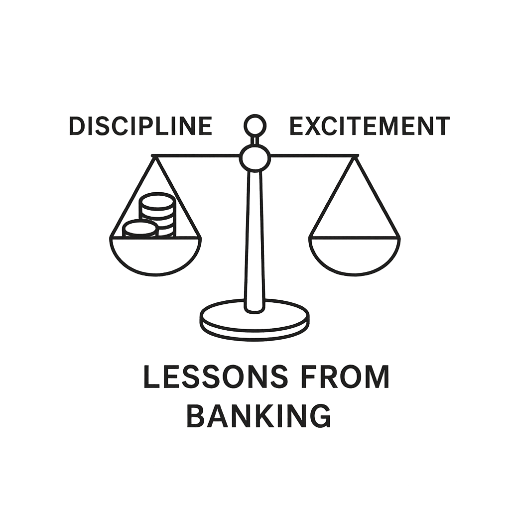 Minimalist illustration of a balance scale with coins on one side labeled Discipline and the other side labeled Excitement, symbolizing lessons from banking.