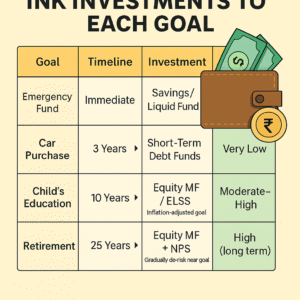 Infographic showing how to link investments to financial goals using mutual funds, SIPs, and retirement planning strategies