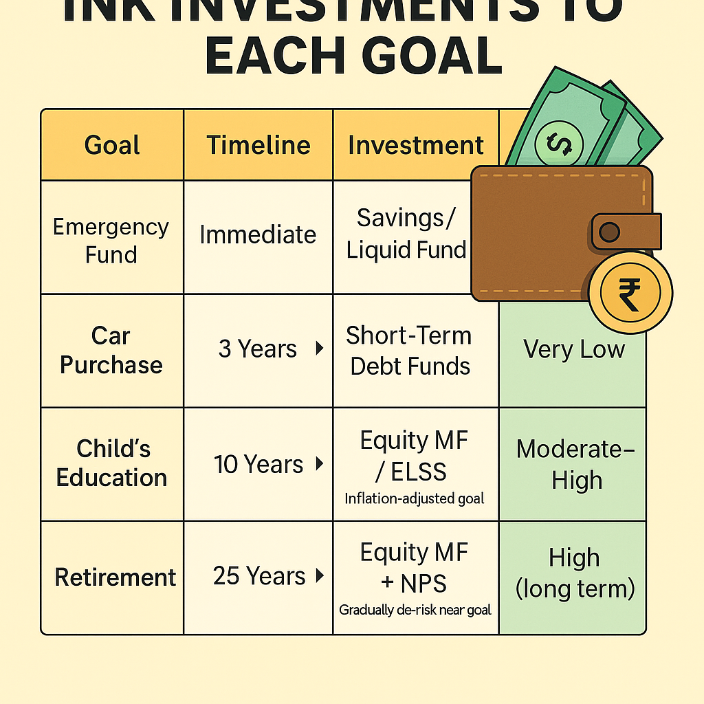 Infographic showing how to link investments to financial goals using mutual funds, SIPs, and retirement planning strategies