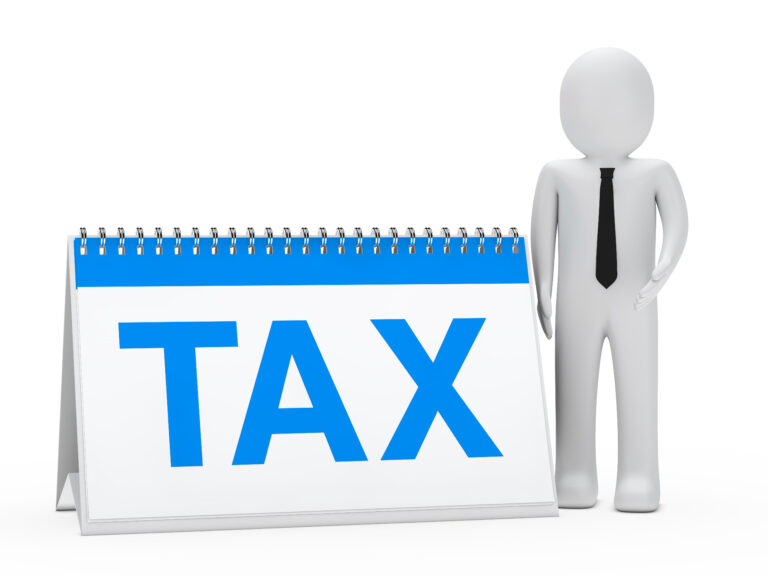 3D illustration of a person in business attire standing beside a calendar with the word TAX written on it.