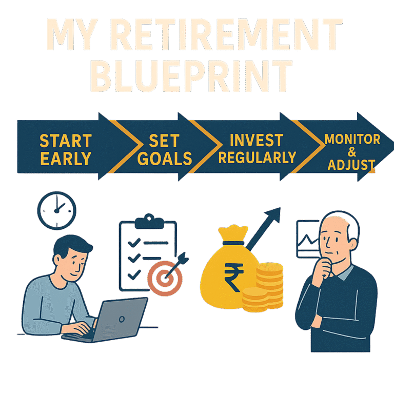 Infographic showing My Retirement Blueprint glide path with mutual funds: age 25–40 wealth building, 40–50 balancing, 50–60 preservation, and post-retirement income strategy.