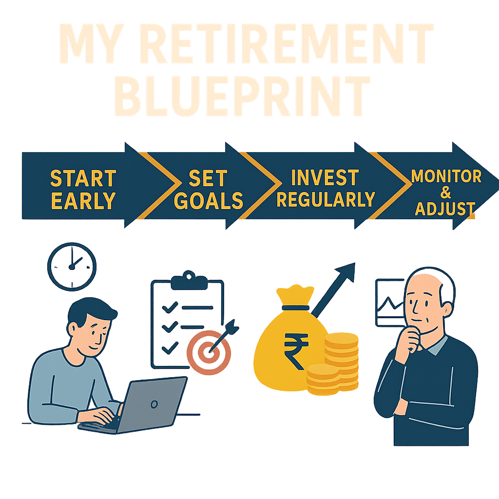 Infographic showing My Retirement Blueprint glide path with mutual funds: age 25–40 wealth building, 40–50 balancing, 50–60 preservation, and post-retirement income strategy.