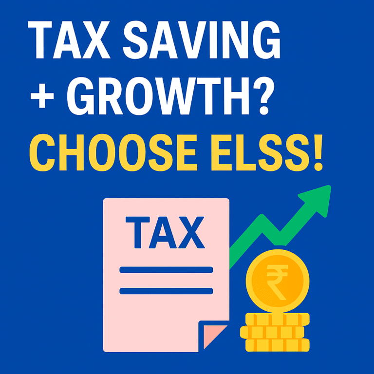 Graphic promoting ELSS as a tax-saving and wealth-building option with coins, rupee symbol, and upward arrow.