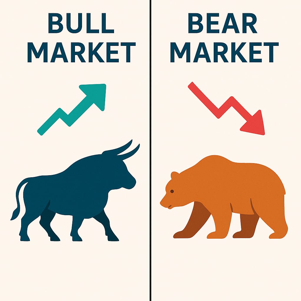 Illustration comparing bull market with upward arrow and bear market with downward arrow, representing stock market trends.