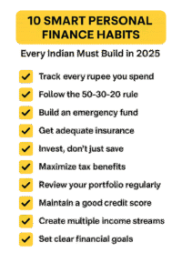 Infographic checklist of 10 smart personal finance habits every Indian must build in 2025.