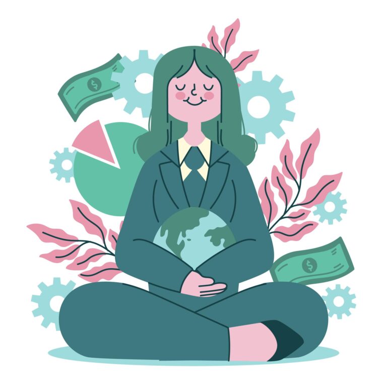 Woman meditating with globe, gears, and money icons representing financial planning balance