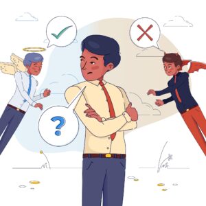 Illustration of a man in business attire facing a dilemma, with an angel on one side and a devil on the other, symbolizing financial decision-making.